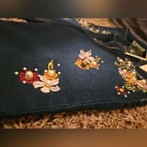 NWT Style Blue Skinny Jeans With Floral Embroidery Stitching and Faux Gems